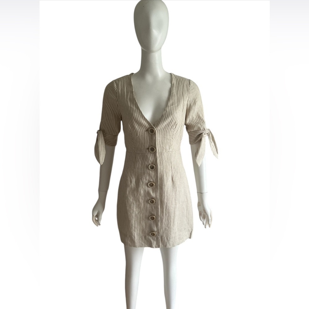 AU8/US4 Shona Joy Short Sleeve Linen Mini Dress Beige Striped REVOLVE $360 - Picture 2 of 9